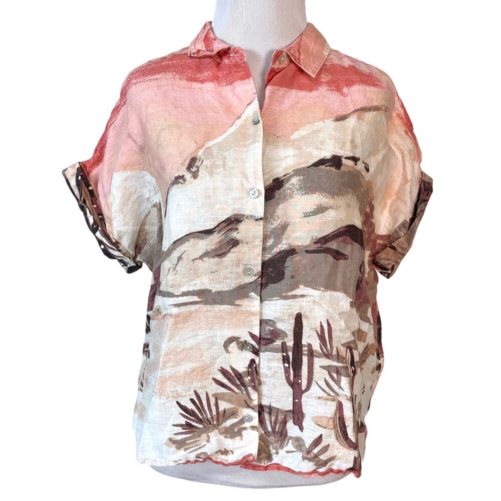 Cynthia Rowley Linen Short Sleeve Button Shirt S Western Boxy Festival Cactus
